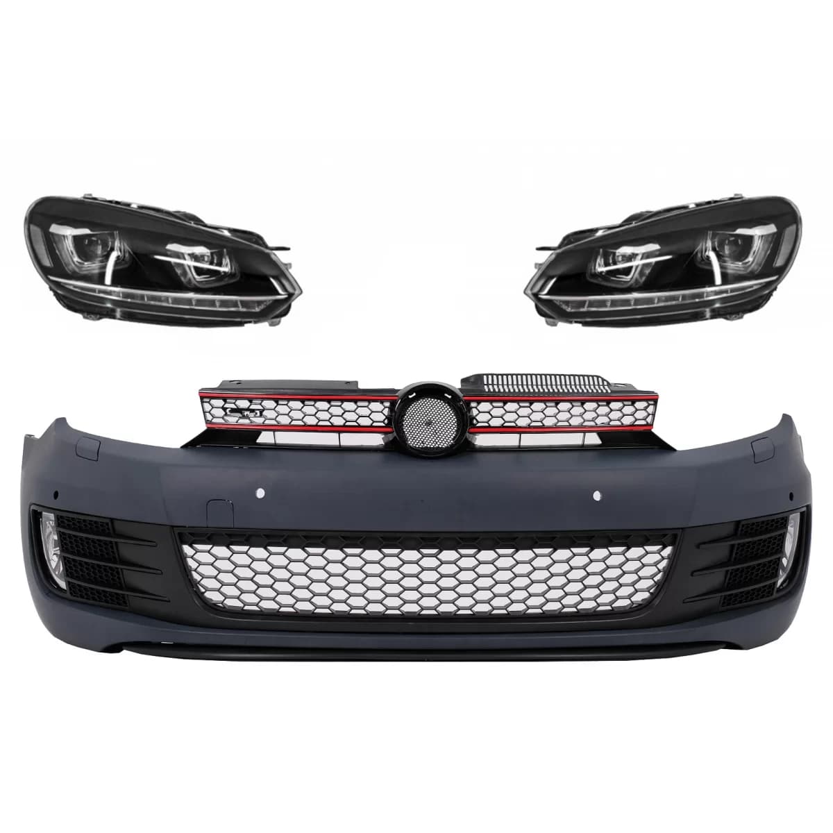 Front Bumper with RHD Headlights LED DRL Flowing Turning Light Chrome suitable for VW Golf VI 6 (2008-2013) GTI U Design
