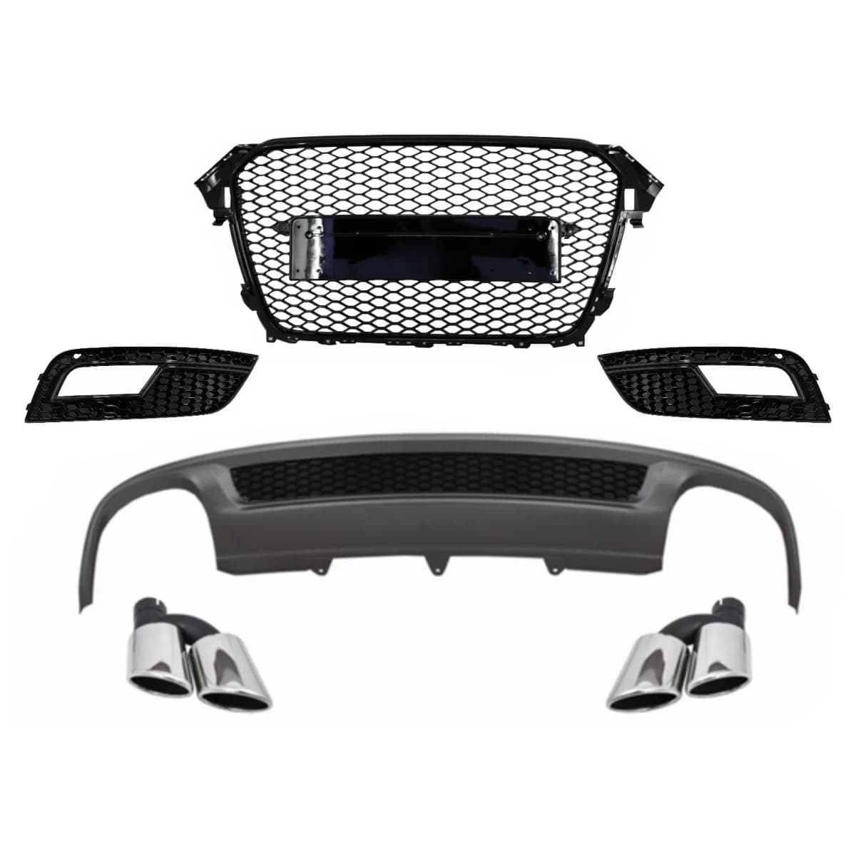 Rear Bumper Valance Air Diffuser and Exhaust Muffler Tips suitable for AUDI A4 B8 Facelift Limousine/Avant (2012-2015) with Badgeless Front Grille and Fog Lamp Covers S-Line Look only Standard Bumper