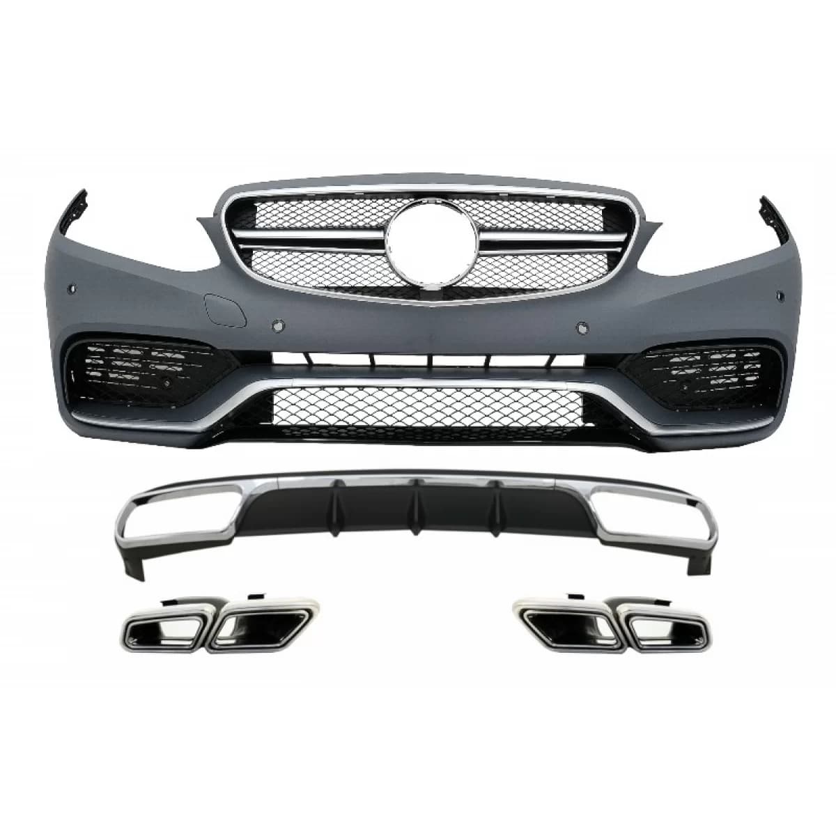 Front Bumper with Rear Diffuser and Exhaust Muffler Tips Chrome suitable for Mercedes E-Class W212 Facelift (2013-2016) only Standard Bumper