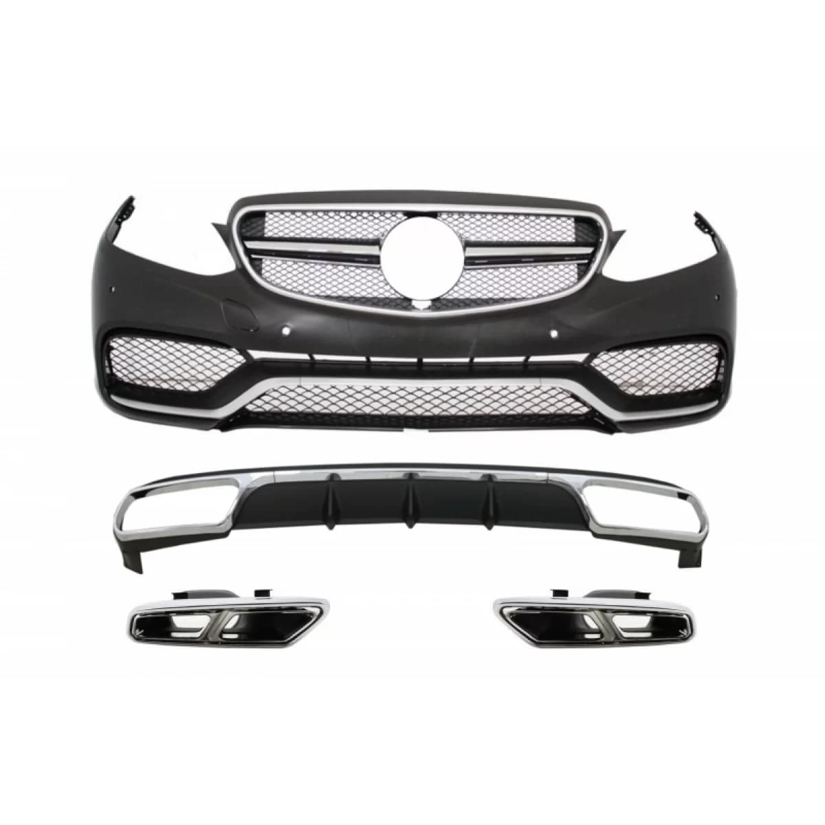 Front Bumper with Rear Diffuser and Exhaust Muffler Tips Chrome suitable for Mercedes E-Class W212 Facelift (2013-2016) E65 Design only Standard Bumper