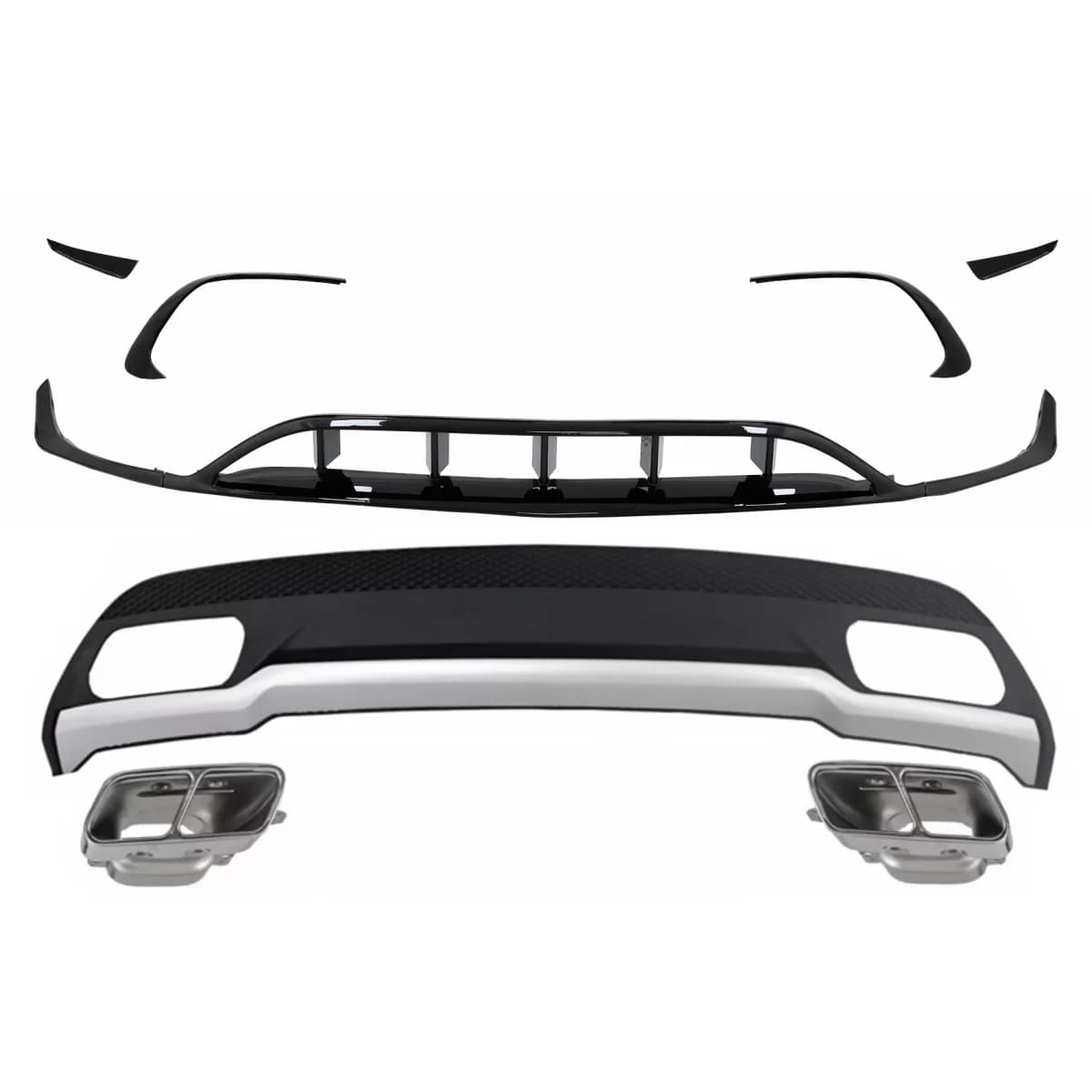 Rear Diffuser & Exhaust Tips Tailpipe Package with Front Splitters Fins Aero suitable for MERCEDES A-Class W176 (2015-2018) Sport Pack