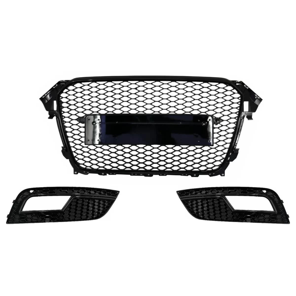 Badgeless Front Grille with Fog Lamp Covers suitable for Audi A4 B8 Facelift (2012-2015) RS Design Honeycomb Piano Black & PDC Covers