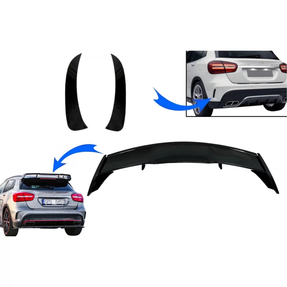 Trunk Boot Lid Spoiler with Rear Bumper Flaps Side Fins Flics suitable for Mercedes GLA X156 GLA45 (2014-2019)
