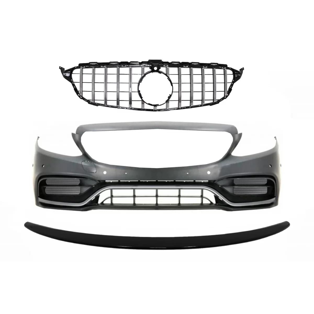 Front Bumper with Grille and Trunk Boot Spoiler Piano Black suitable for Mercedes C-Class C205 (2014-2018) C63 GT-R Design