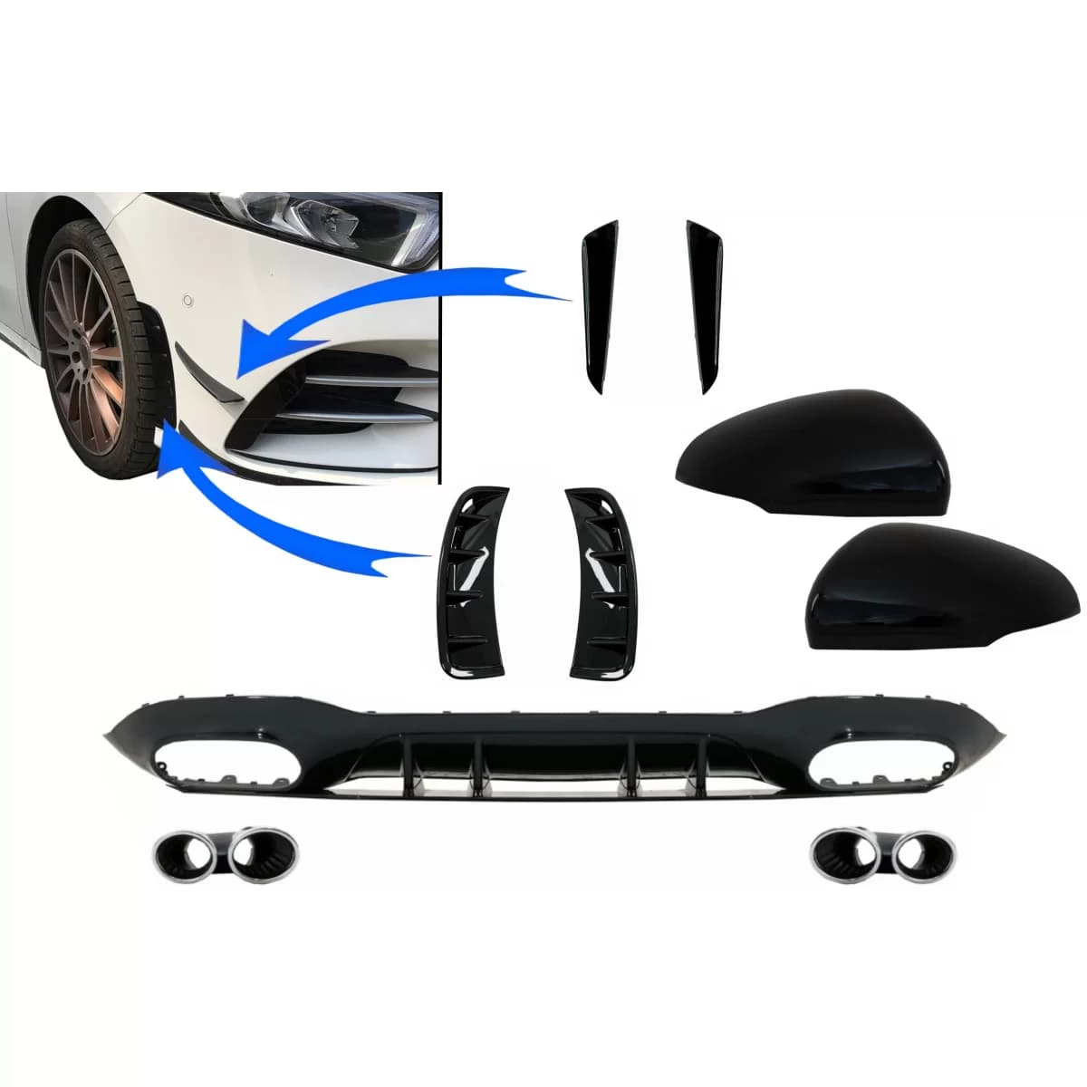 Rear Diffuser with Front Side Vents and Flaps Side Fins & Mirror Cover suitable for Mercedes A-Class V177 Sedan (2018-2022) Chrome Exhaust