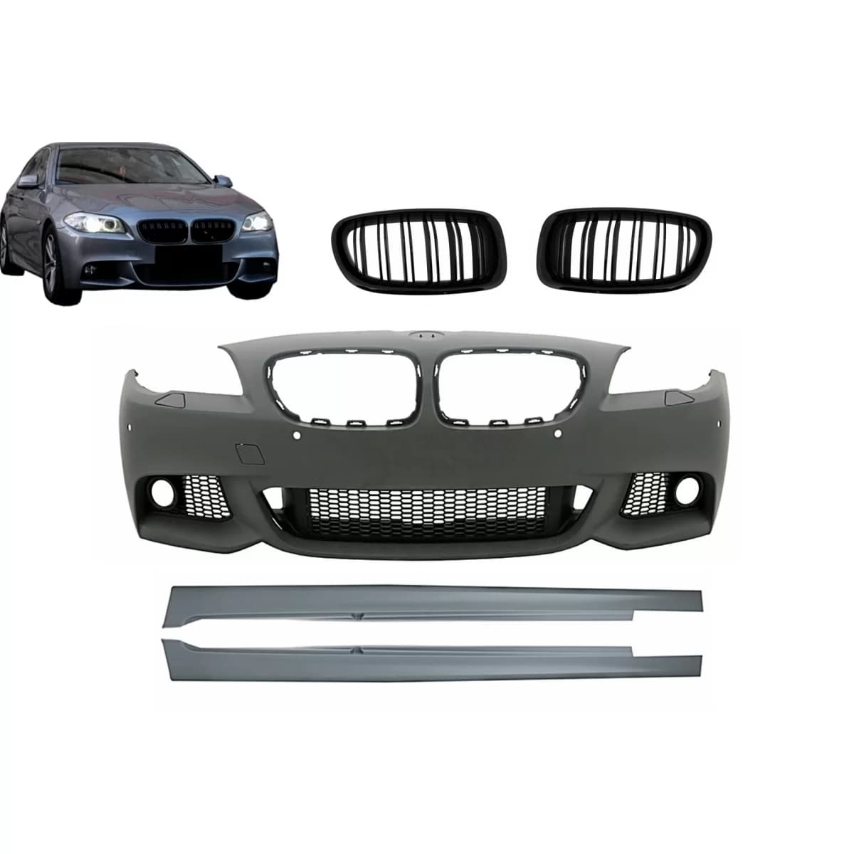 Front Bumper with Side Skirts and Central Grilles Kidney suitable for BMW 5 Series F10 F11 Non LCI (07.2010-2013) Sedan Touring M-Technik Design