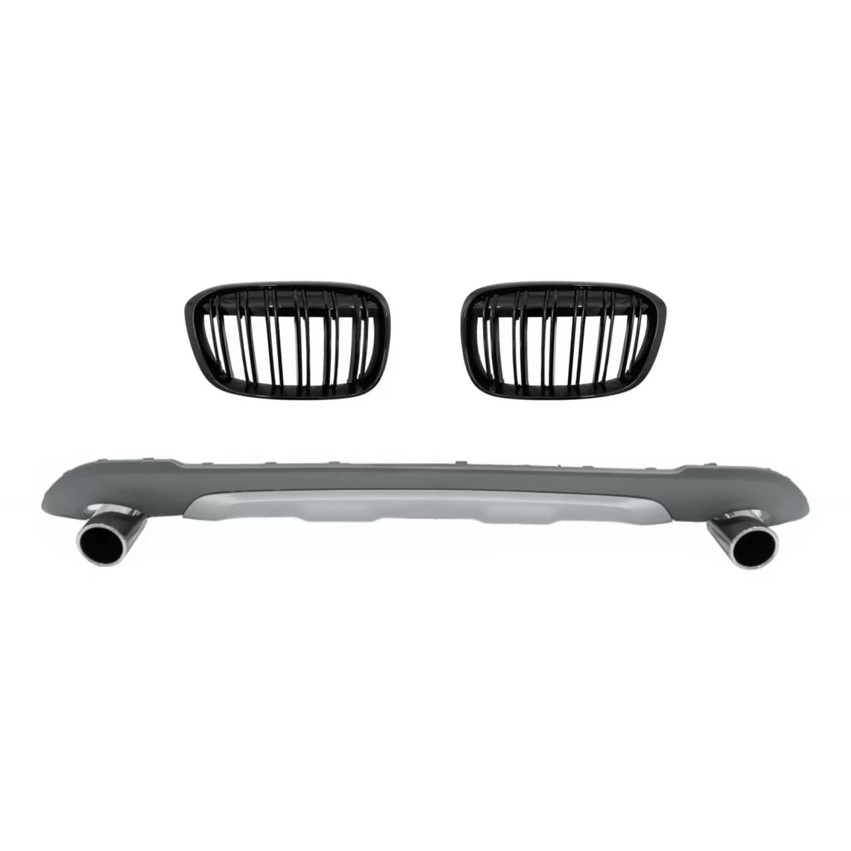 Rear Diffuser with Exhaust Muffler Tips Tailpipe Package and Central Kidney Grilles Double Stripe suitable for BMW X1 SUV F48 (06.2015-2019) M Sport Design
