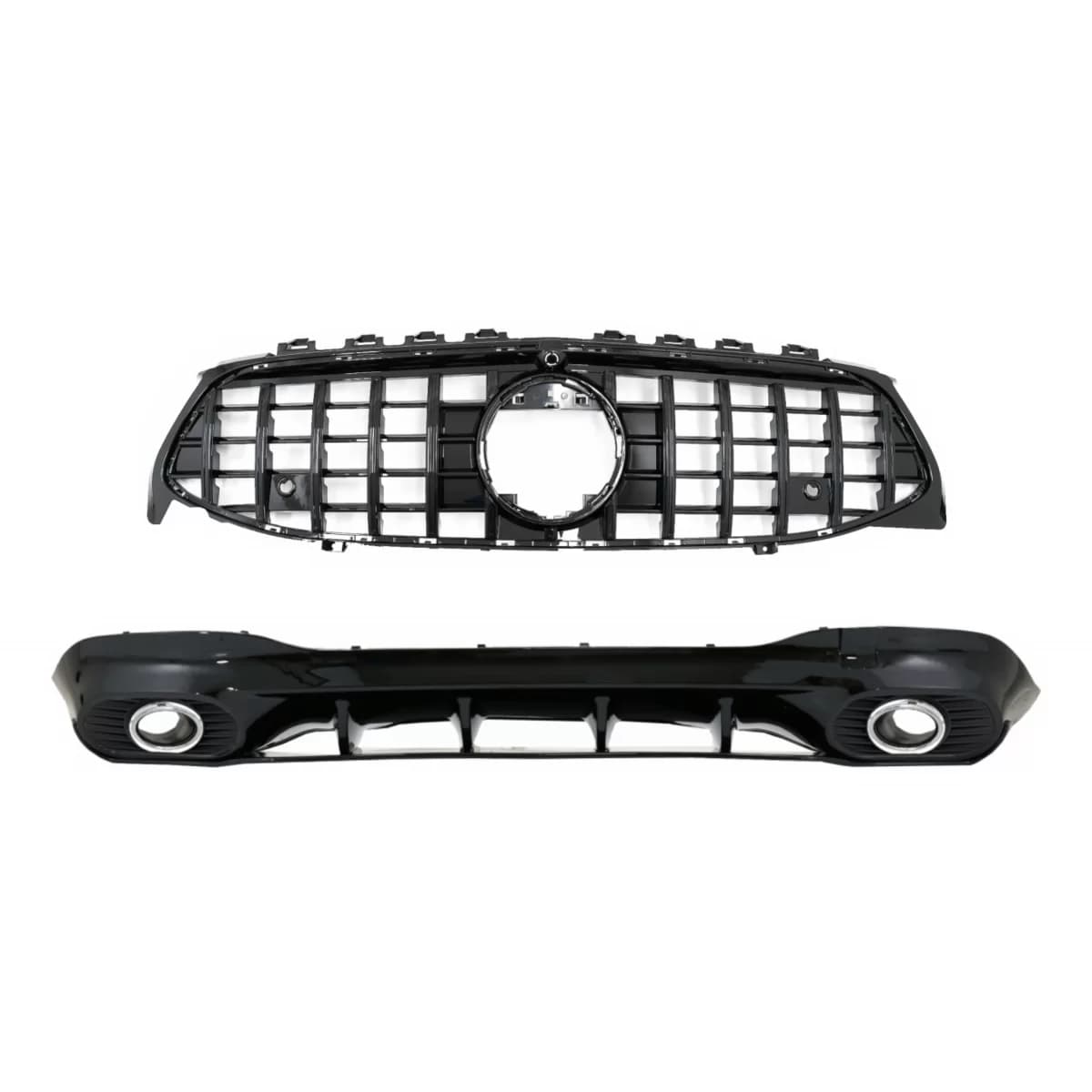 Rear Diffuser and Exhaust Tips Silver with Front Grille Piano Black suitable for Mercedes CLA X118 Shooting Brake C118 Coupe Sport Line (2019-05.2023) CLA35 GTR Design