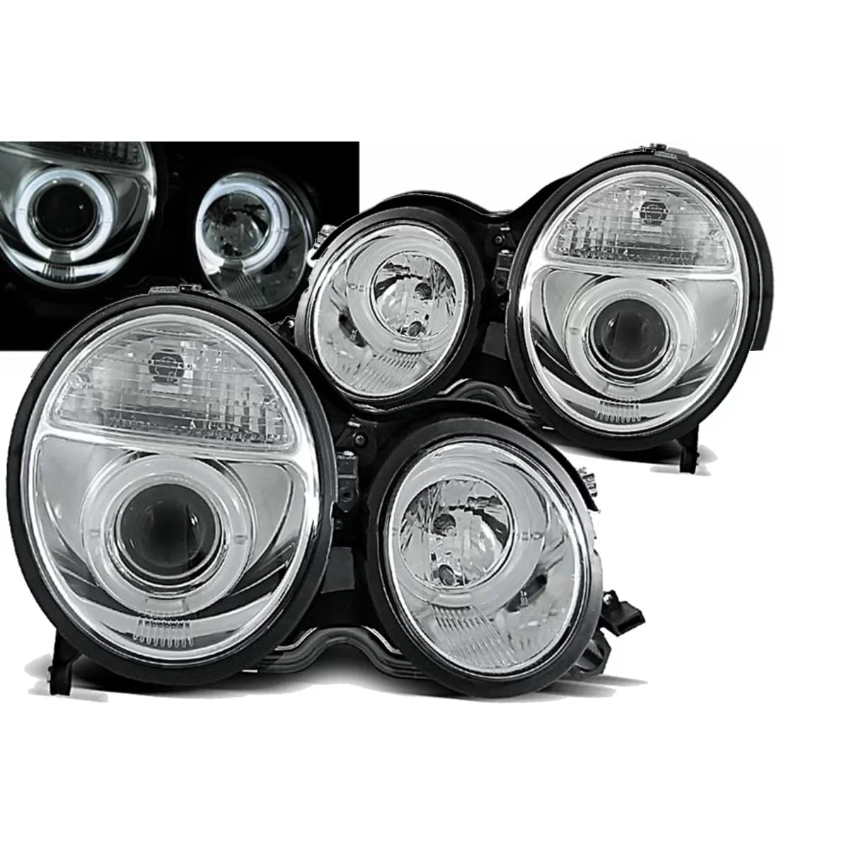 LED Angel Eyes Headlights suitable for Mercedes E-Class W210 (06.1999-2002) Chrome Facelift Design
