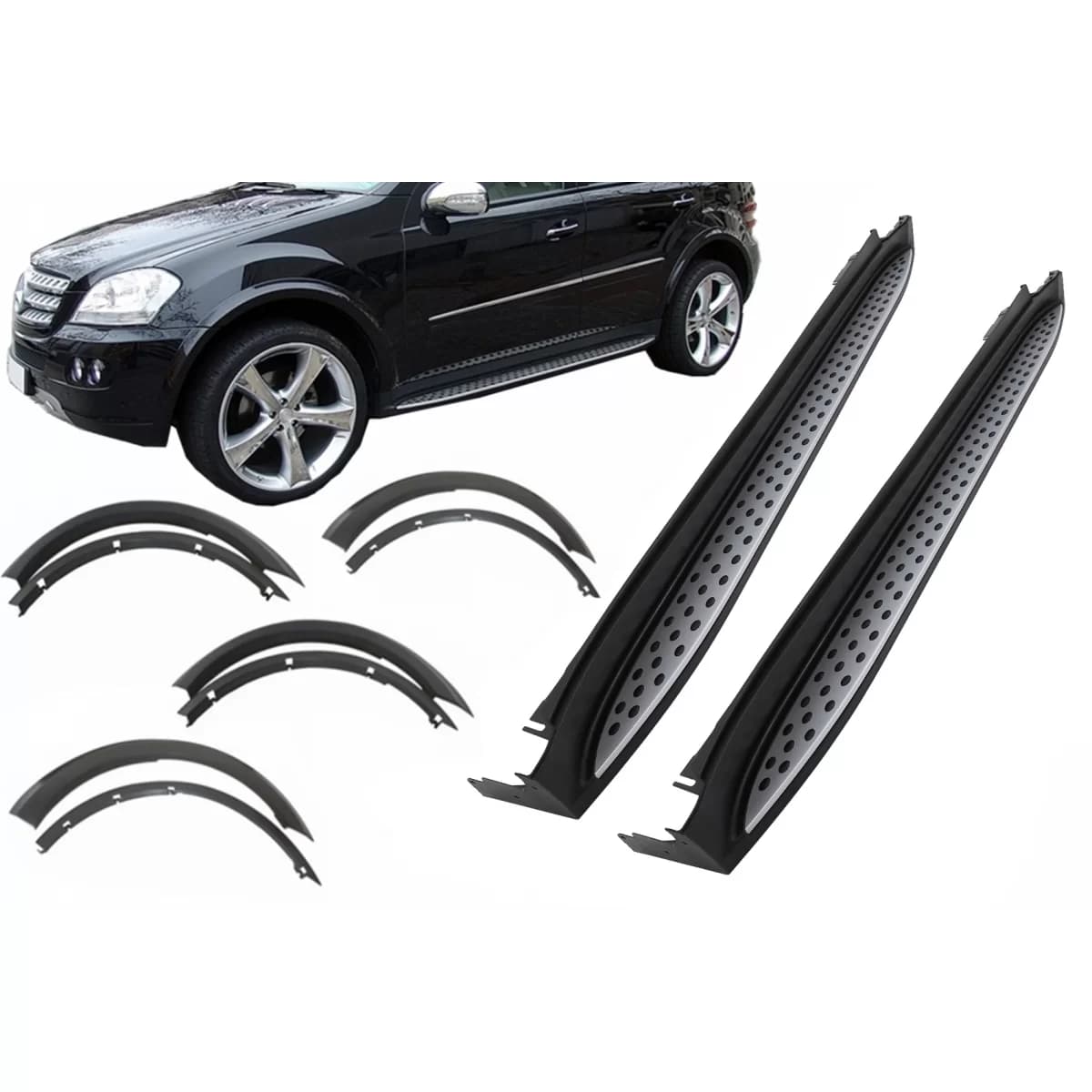 Kit Running Boards Side Steps with Fender Flares Wheel Arches suitable for Mercedes M-Class ML W164 (2005-2011)