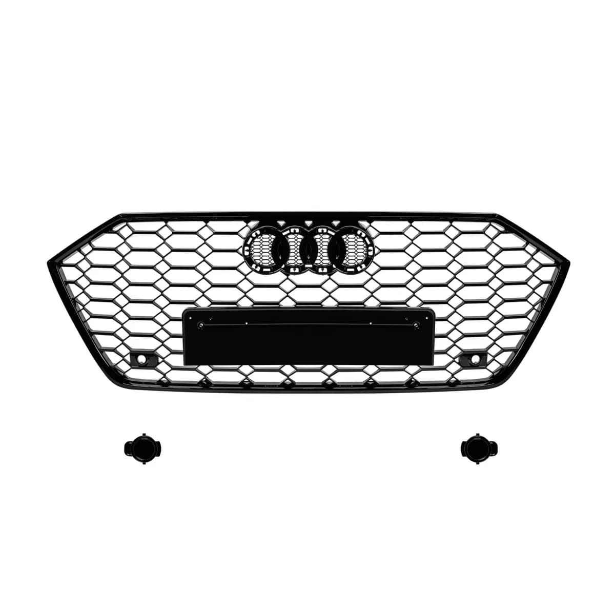 Black lacquer RS7 type grille suitable for Audi A7 Sportback after 2019 without ACC, for the model equipped with standard or S-line bumper, with openings for parking sensors.