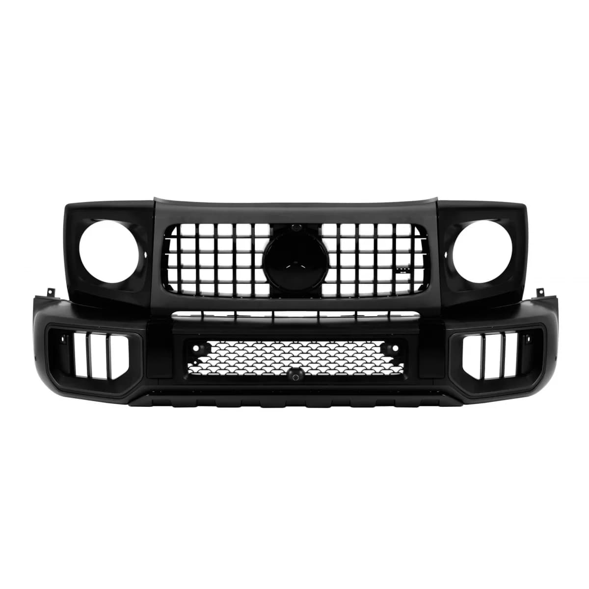 Black lacquer front bumper kit type W465 suitable for Mercedes G-Class W464 after 2018 with PDC, grille, headlight surrounds, fender flares.