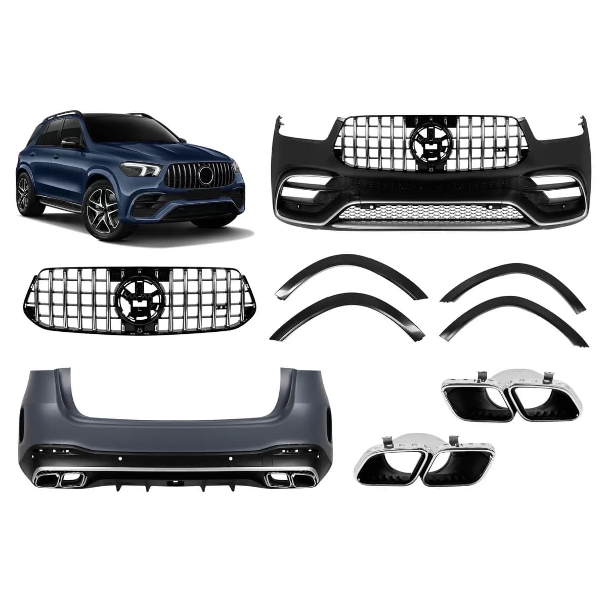 A Design package type GLE63 suitable for Mercedes GLE SUV W167 2019-2023, after 2024, with chrome trims and chrome tips
