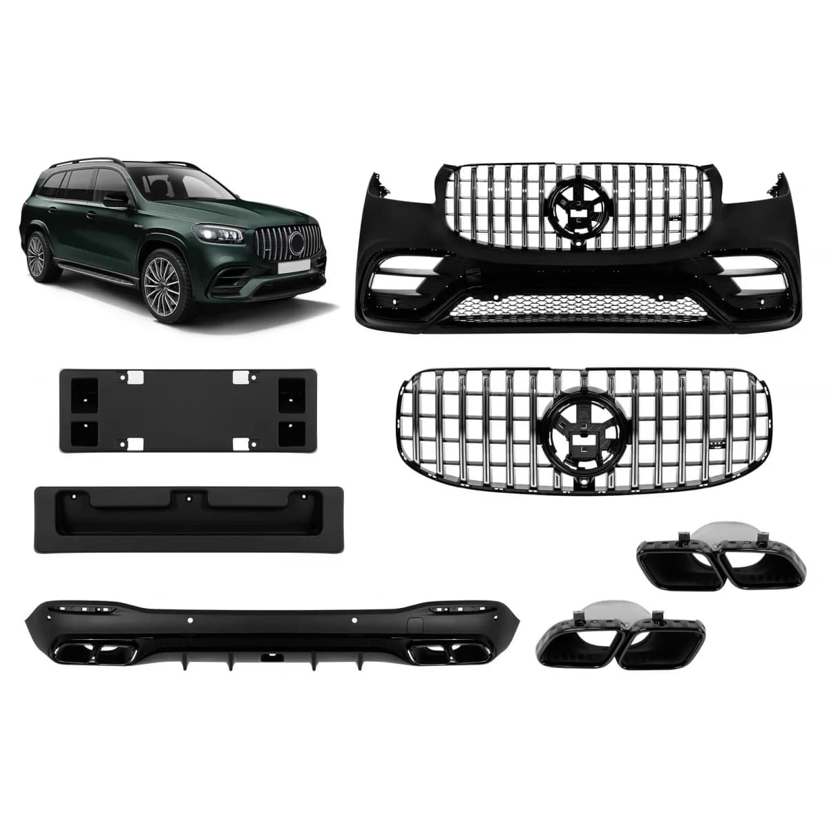 Tuning package with black elements and chrome/black grille suitable for Mercedes GLS X167 2020-2023 for the model equipped with A Design line rear bumper