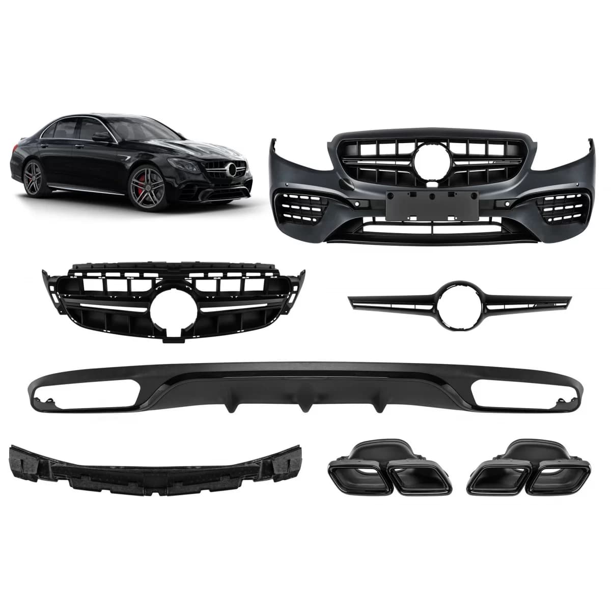 A Design package type E63 suitable for Mercedes E-Class W213 2016-2019 with black exhaust tips and black trim, for the model with standard rear bumper.