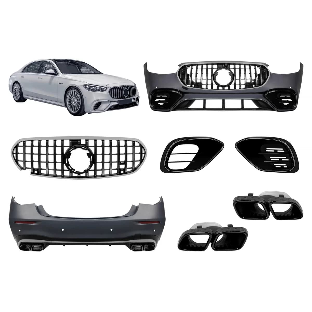 A Design package type S63 suitable for Mercedes S-Class W223 after 2020 with smoked chrome elements