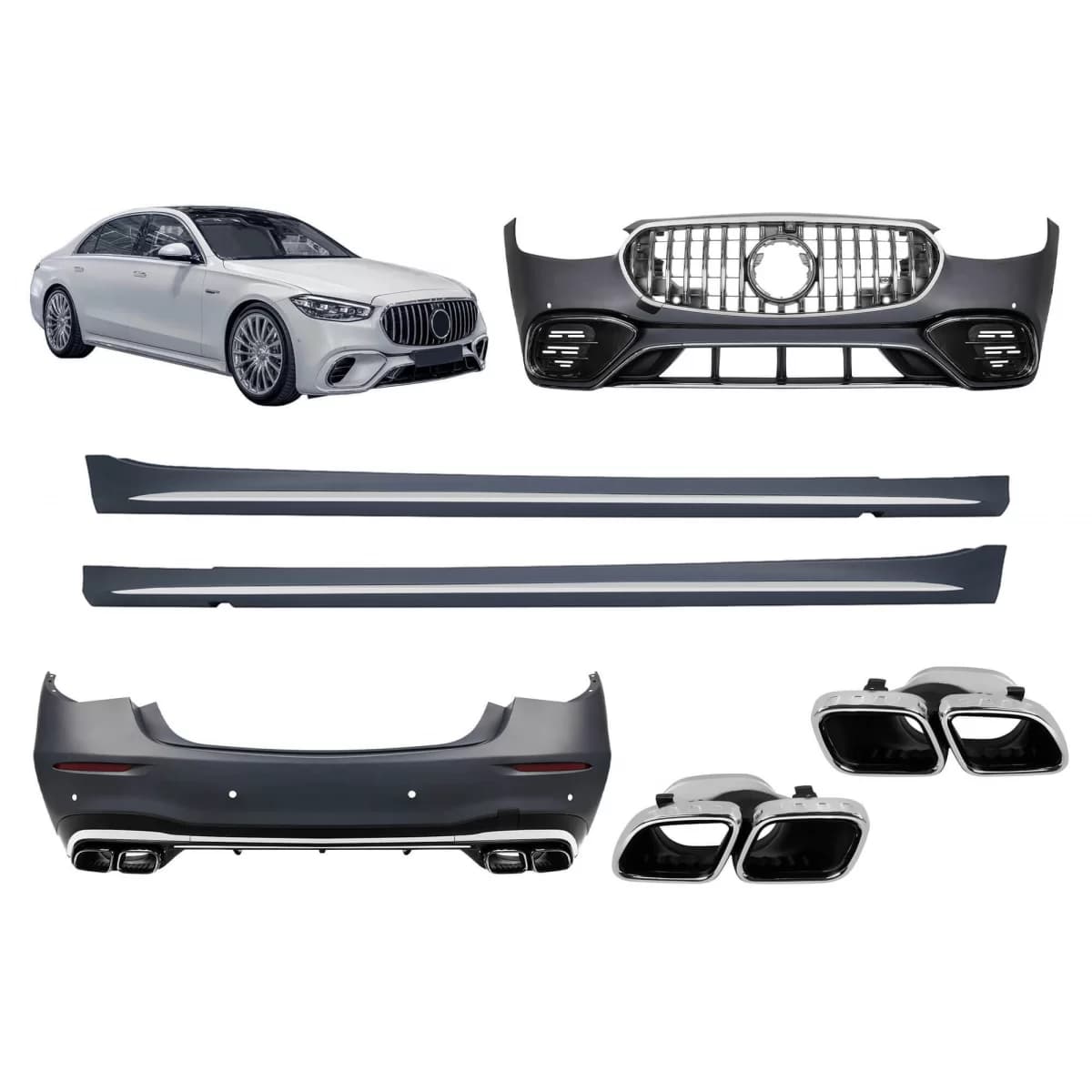 A Design package type S63 suitable for Mercedes S-Class W223 long wheelbase after 2020 with chrome elements