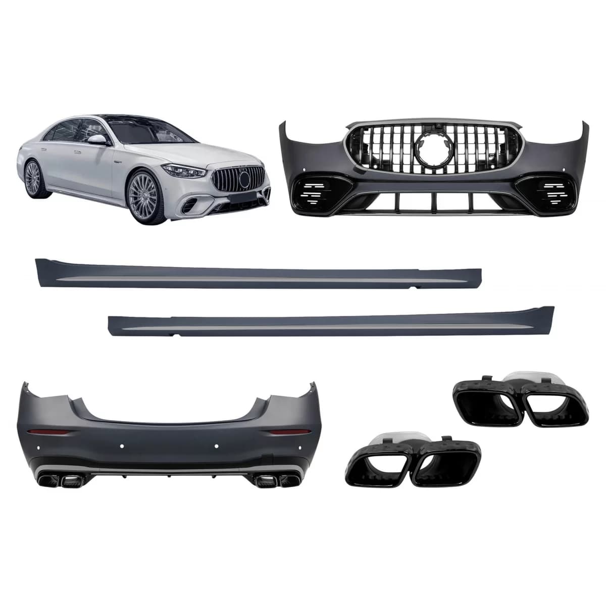 A Design package type S63 suitable for Mercedes S-Class W223 long wheelbase after 2020 with smoked chrome elements
