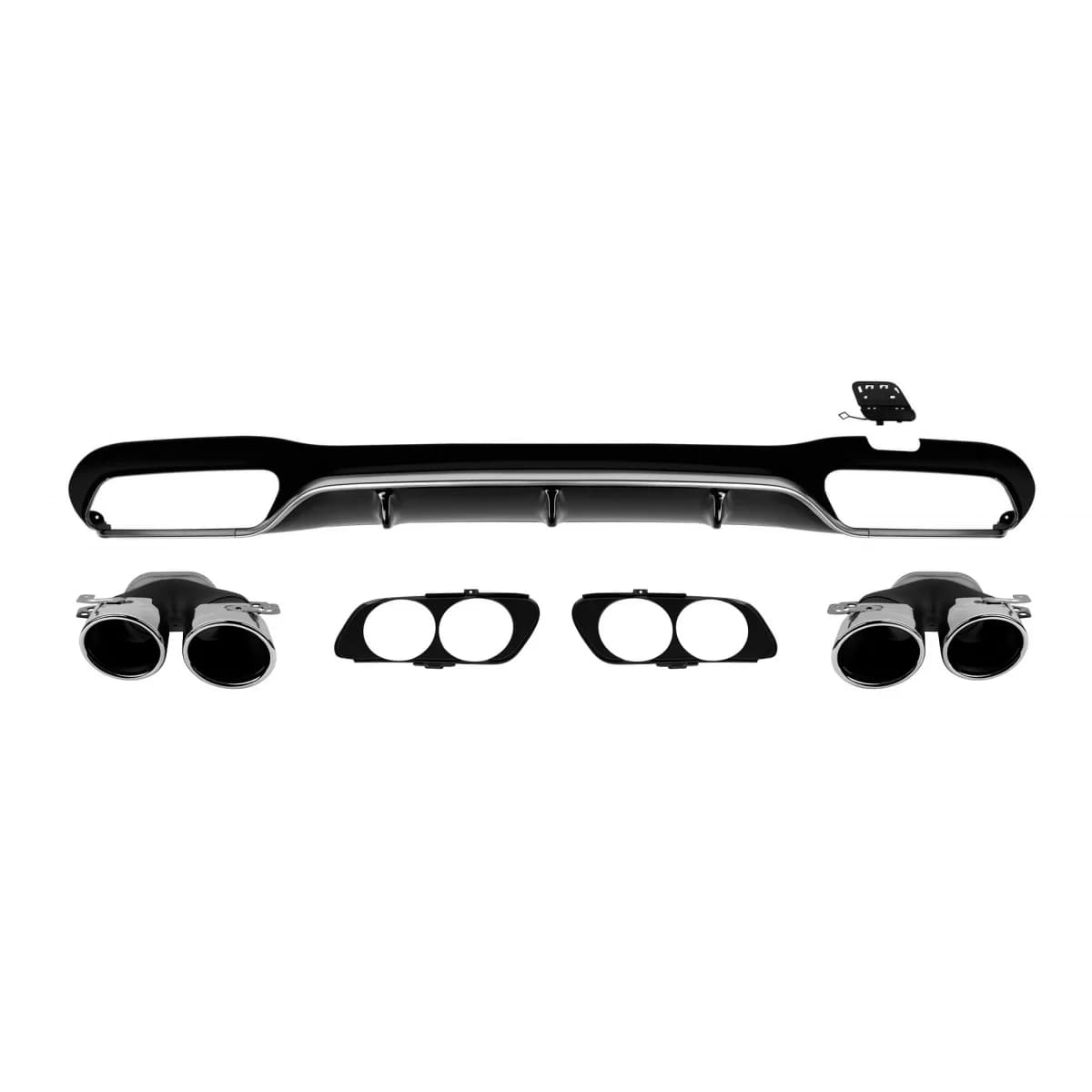 E53 type diffuser with chrome tips suitable for A Design rear bumper on Mercedes E-Class W213 sedan 2016-2022, black lacquer with chrome trim, -oo--oo-