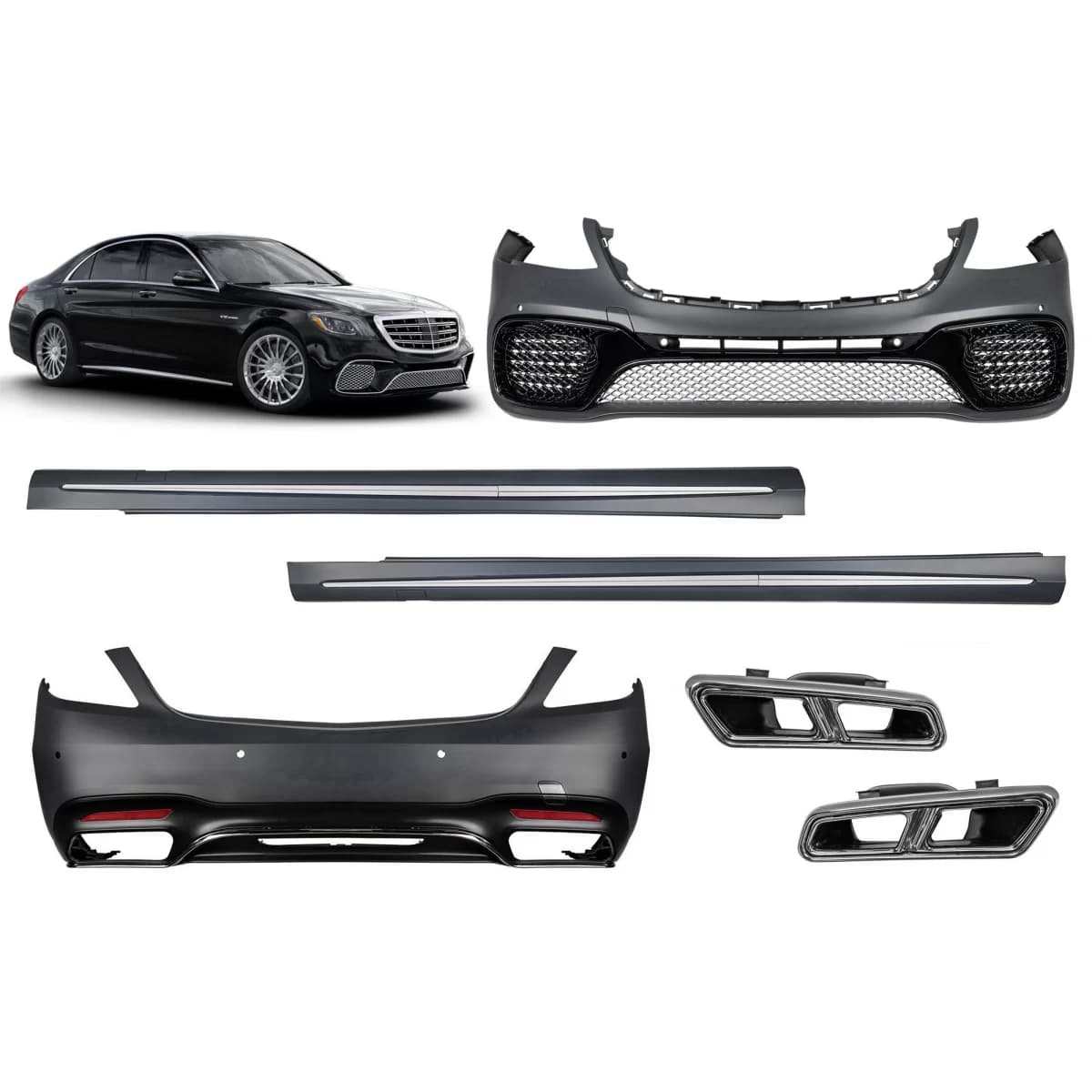 A Design package type S65 with side skirts suitable for Mercedes S-Class W222 2017-2020 long wheelbase