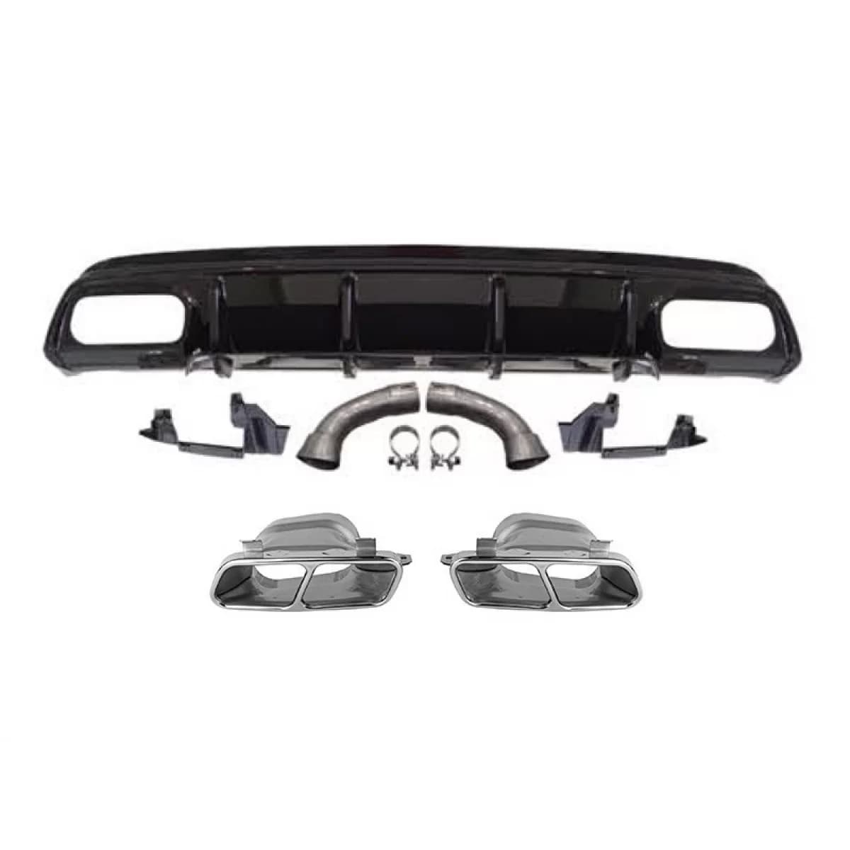 A45 type diffuser with chrome tips suitable for A Design rear bumper on Mercedes A-Class W176 2013-2015, black lacquer