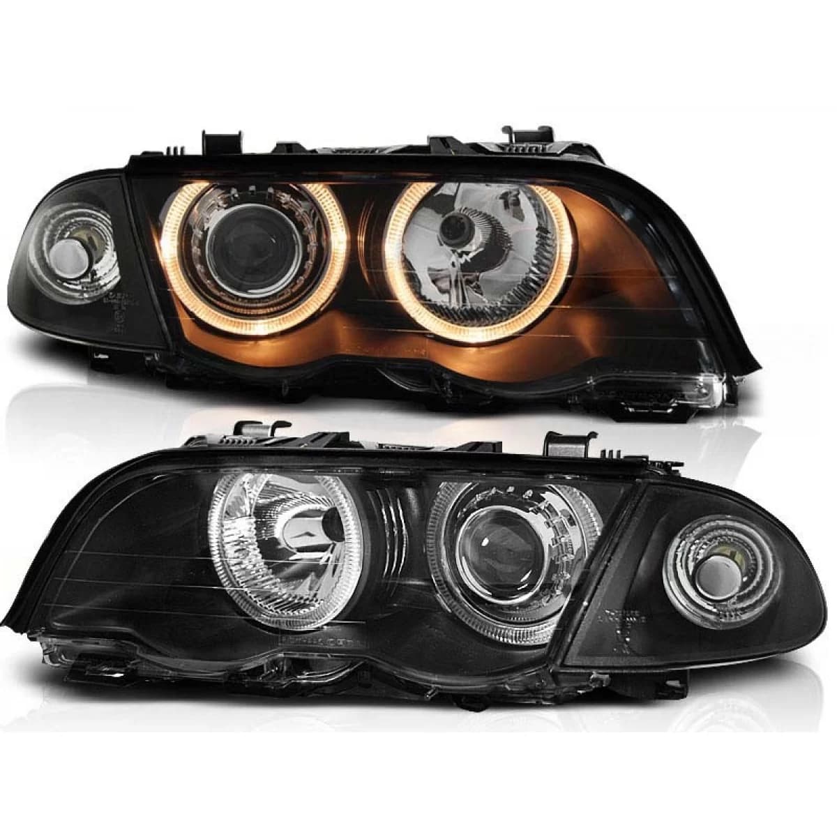 Tuning headlight set with halogen angel eyes suitable for BMW 3 E46 05.1998-08.2001 sedan/wagon, left and right