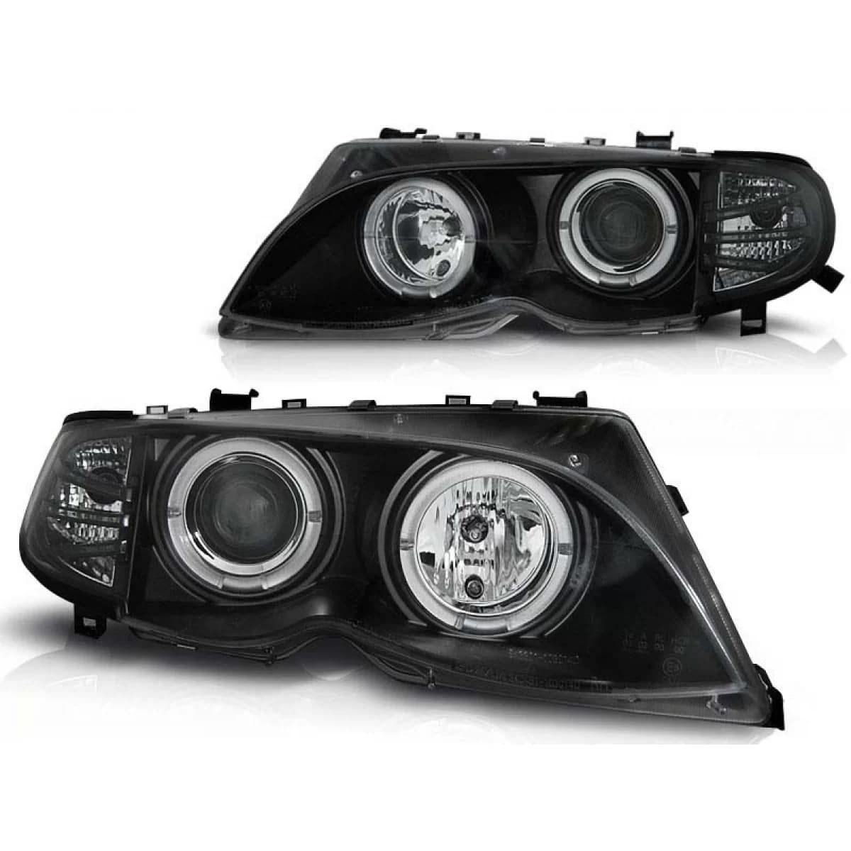Tuning headlight set with halogen angel eyes suitable for BMW 3 E46 09.2001-03.2005 sedan/wagon, left and right