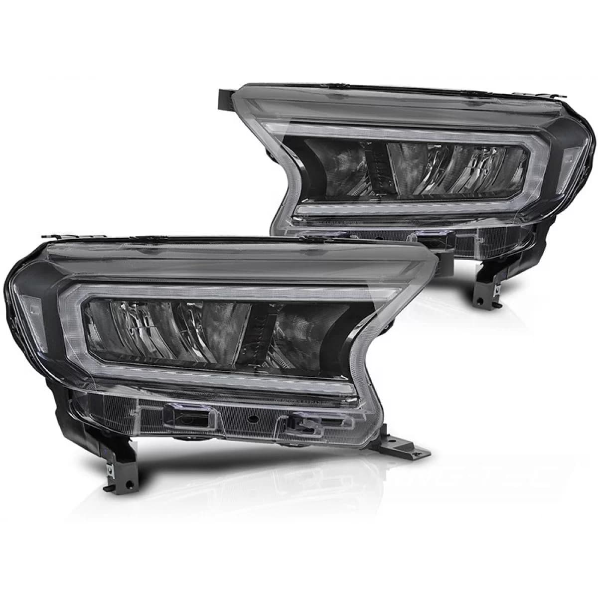 LED tuning headlight set suitable for Ford Ranger 2016-2022 with black base, featuring dynamic turn signals, for the model with factory DRL lights, left and right