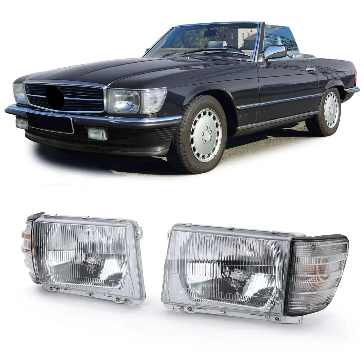 Headlight set without LWR 6-pin with white indicators for Mercedes SL R107 SLC C107