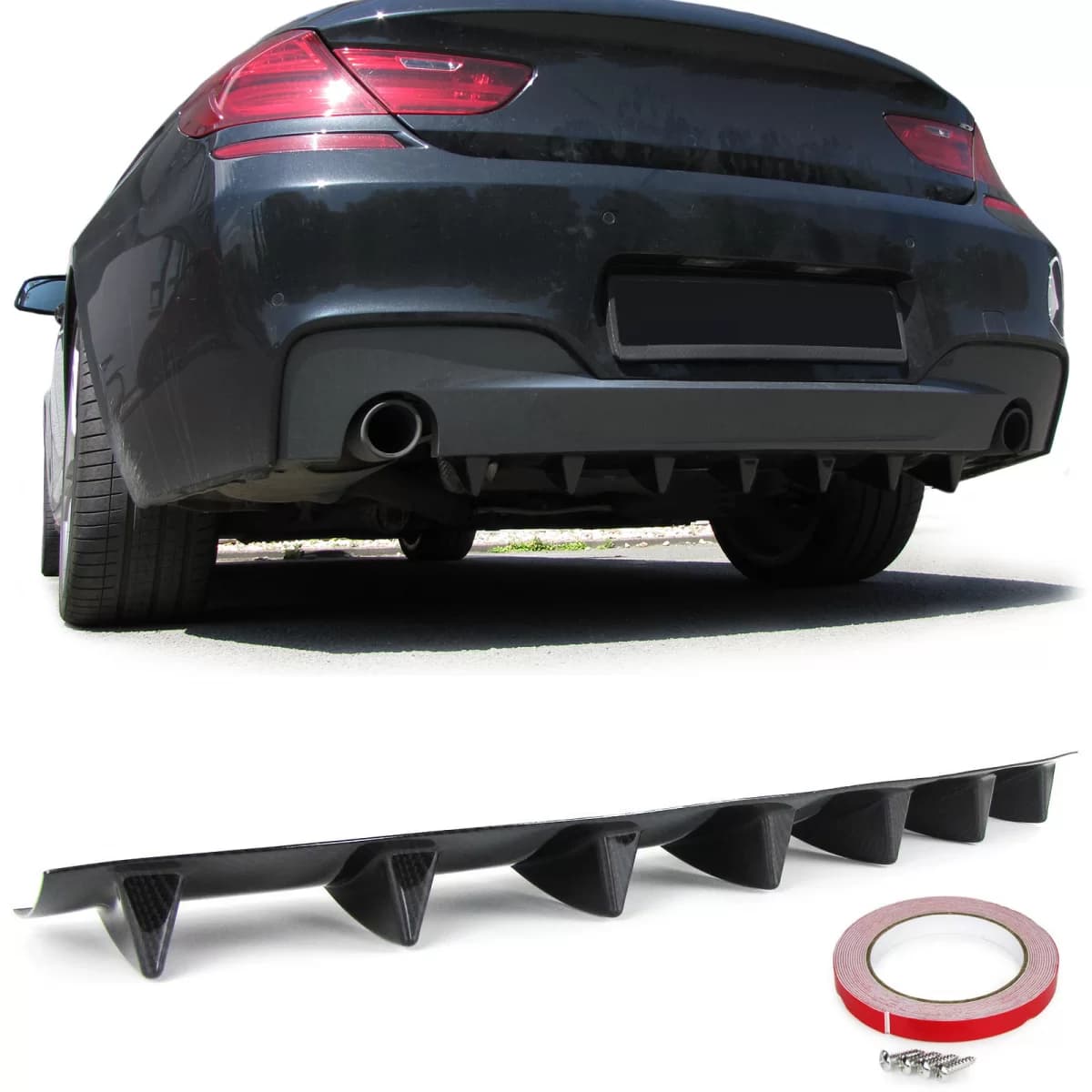 Universal rear bumper diffuser with 7 fins carbon look