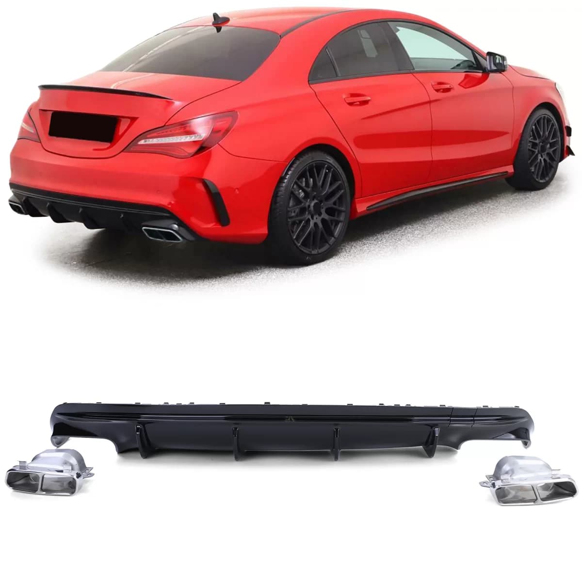 Sport rear diffuser gloss black with chrome tailpipes for Mercedes CLA C117 16-19