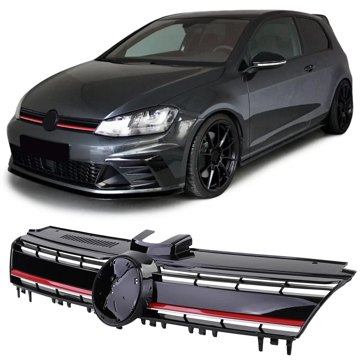 Performance radiator grille gloss black with red trim for VW Golf 7 + GTI 12-17