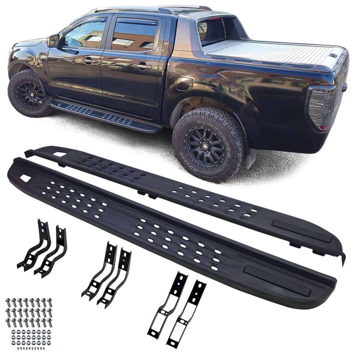 Black perforated running boards suitable for Ford Ranger T6 T7 T8 T9 including Raptor