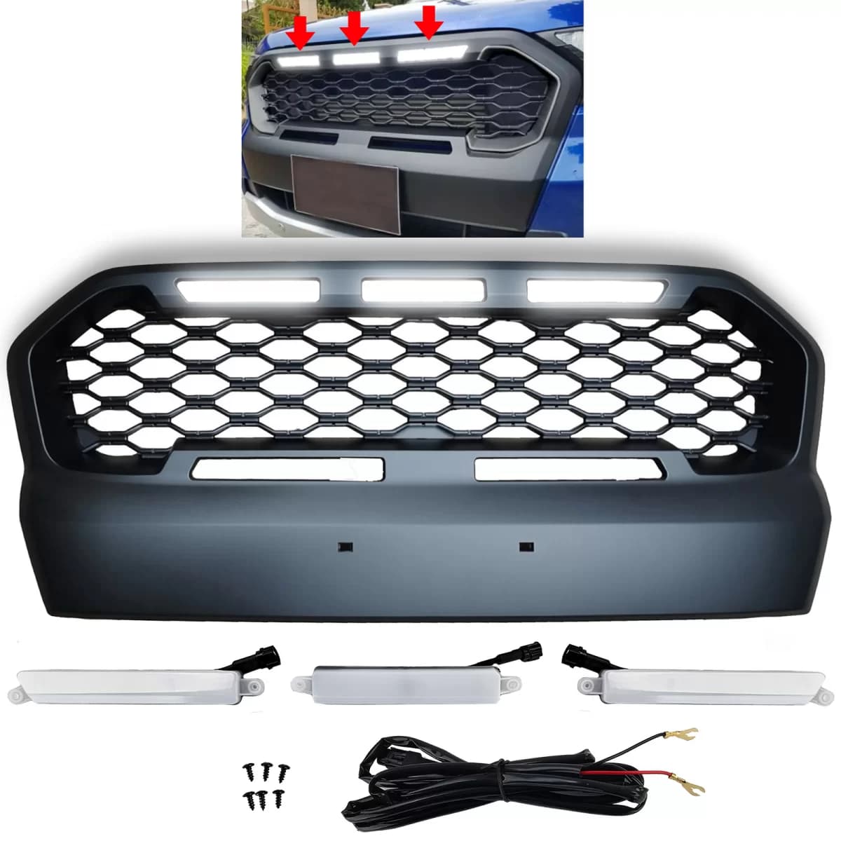 Honeycomb Sport Grille Black with LED fits Ford Ranger T7 16-19 2.2 3.2
