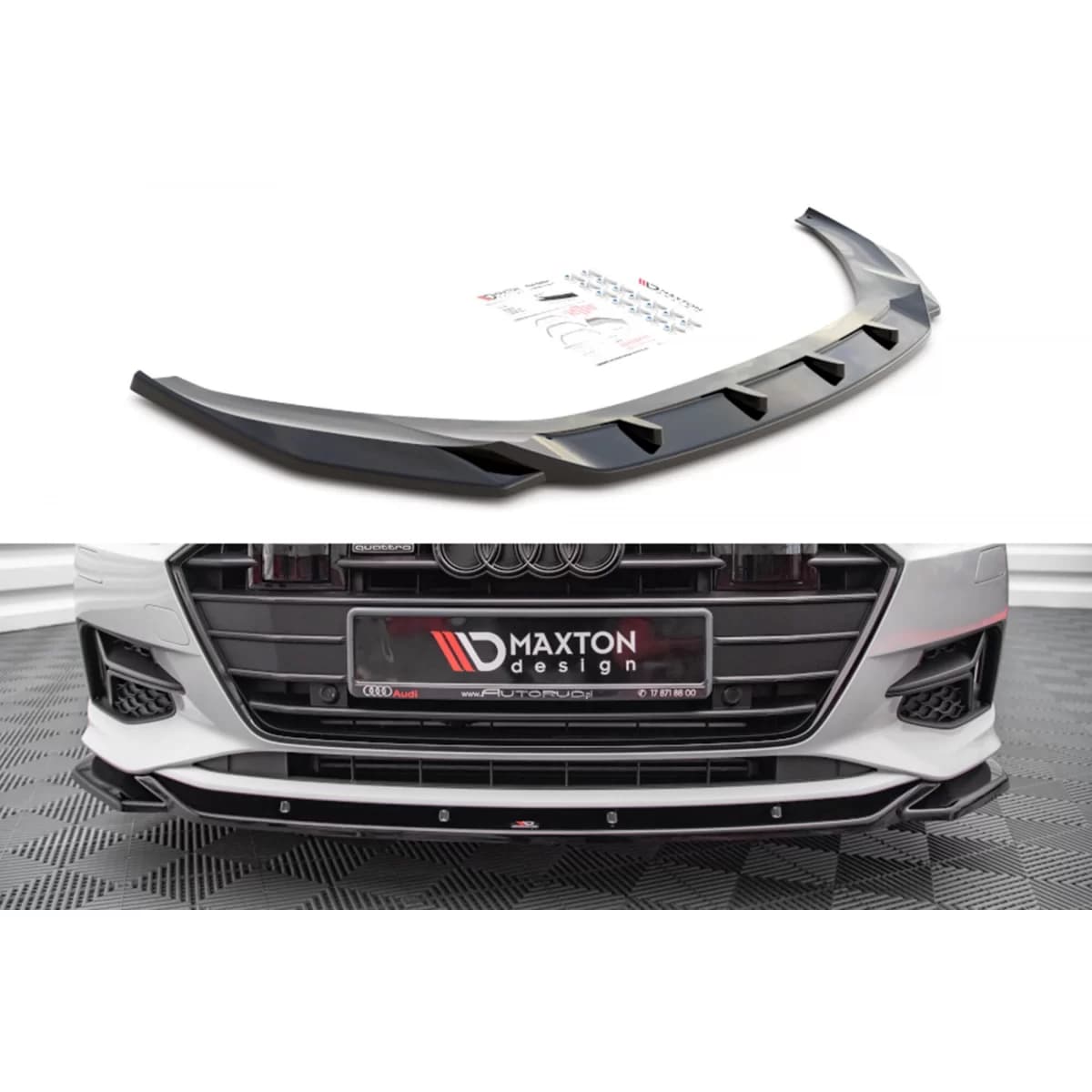 Maxton Design version 1 spoiler suitable for standard front bumper of Audi A7 C8 after 2018, black lacquer
