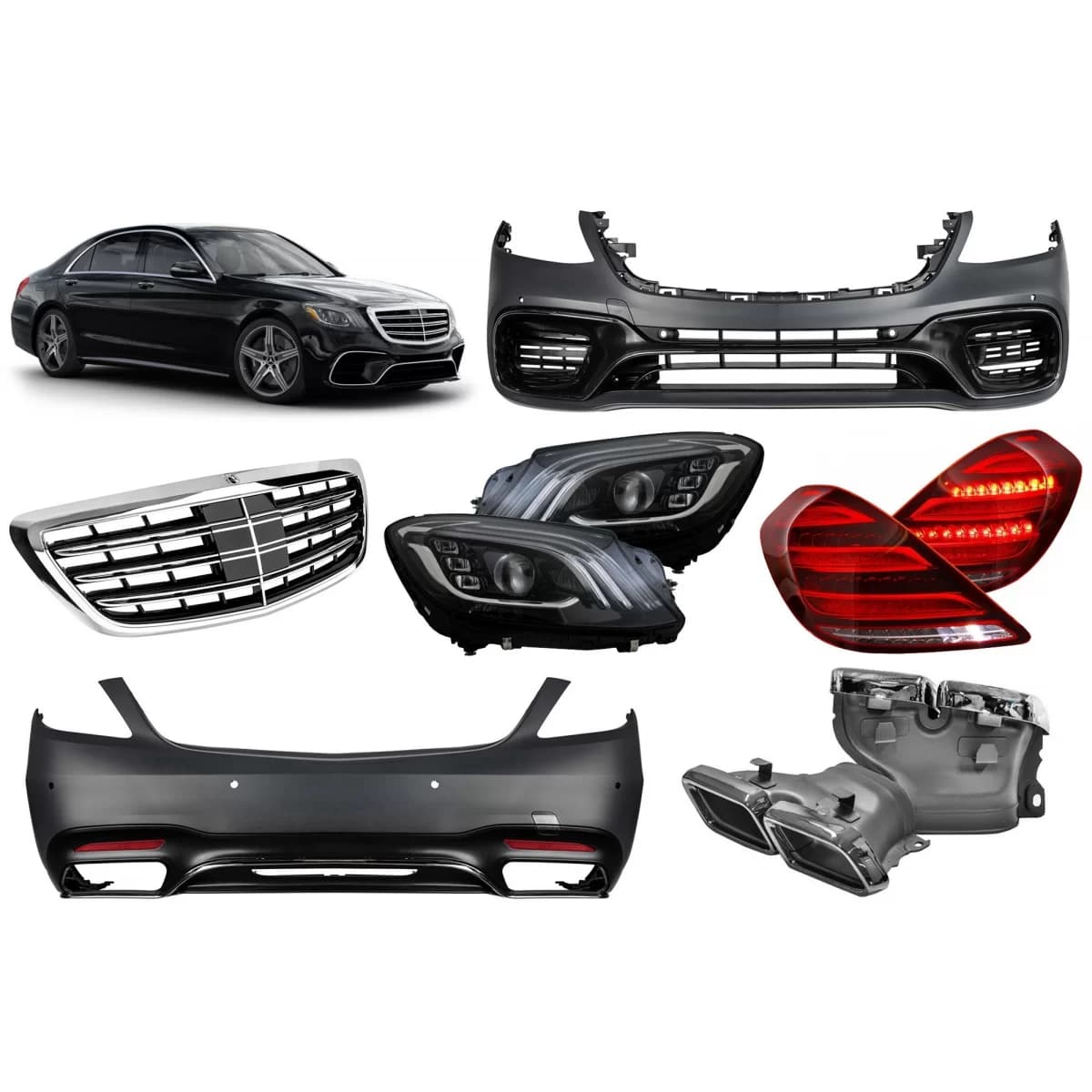A Design package type S63 suitable for Mercedes S-Class W222 2017-2020, with headlights, taillights, grille, without side skirts