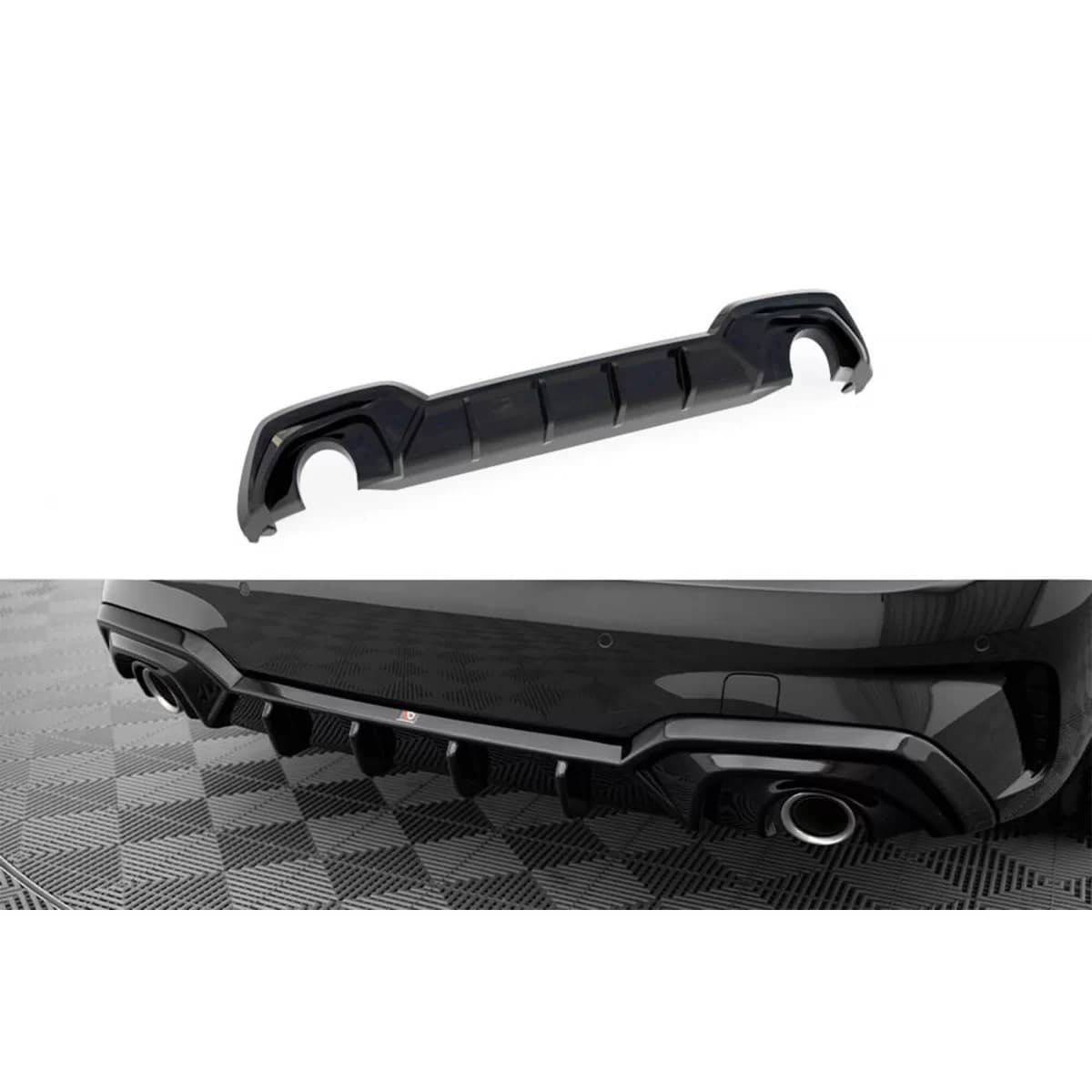 Maxton Design diffuser suitable for rear bumper of BMW 3 Series G20 sedan, G21 touring with M package 2018-2022, black lacquer, suitable for vehicles with towbar