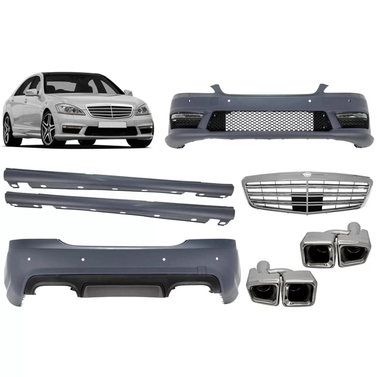 A Design package type S63 suitable for Mercedes S-Class W221 long wheelbase 2006-2013 with side skirts