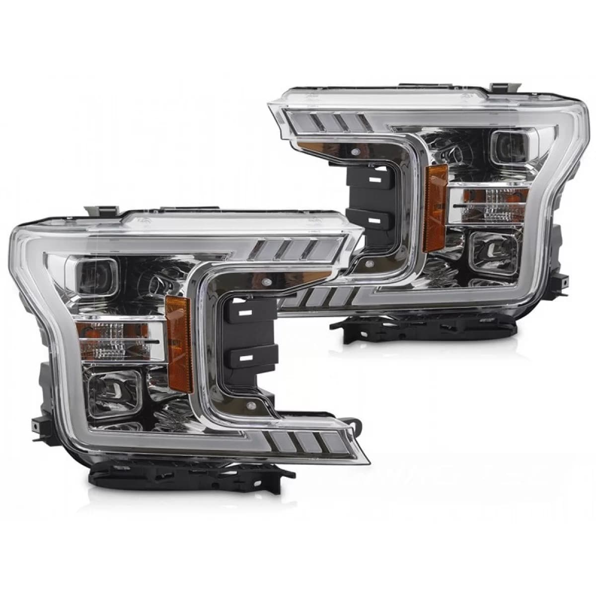 Tuning headlight set with LED light suitable for Ford F150 2017-2020 with chrome base, featuring dynamic turn signals, left and right
