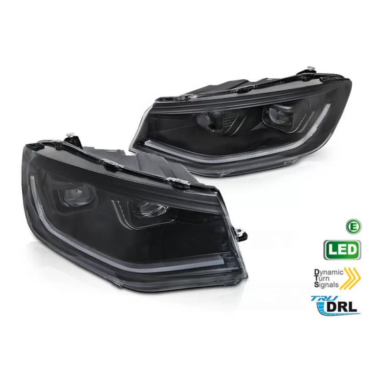 LED headlight tuning kit suitable for Volkswagen Caddy after 2020 with black base, featuring dynamic turn signals, left and right, for the model with factory daytime running lights.