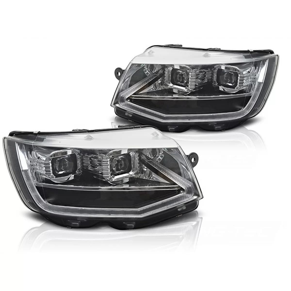 LED tuning headlight set suitable for Volkswagen T6 2015-2019 with black base, for the model with factory DRL lights, left and right