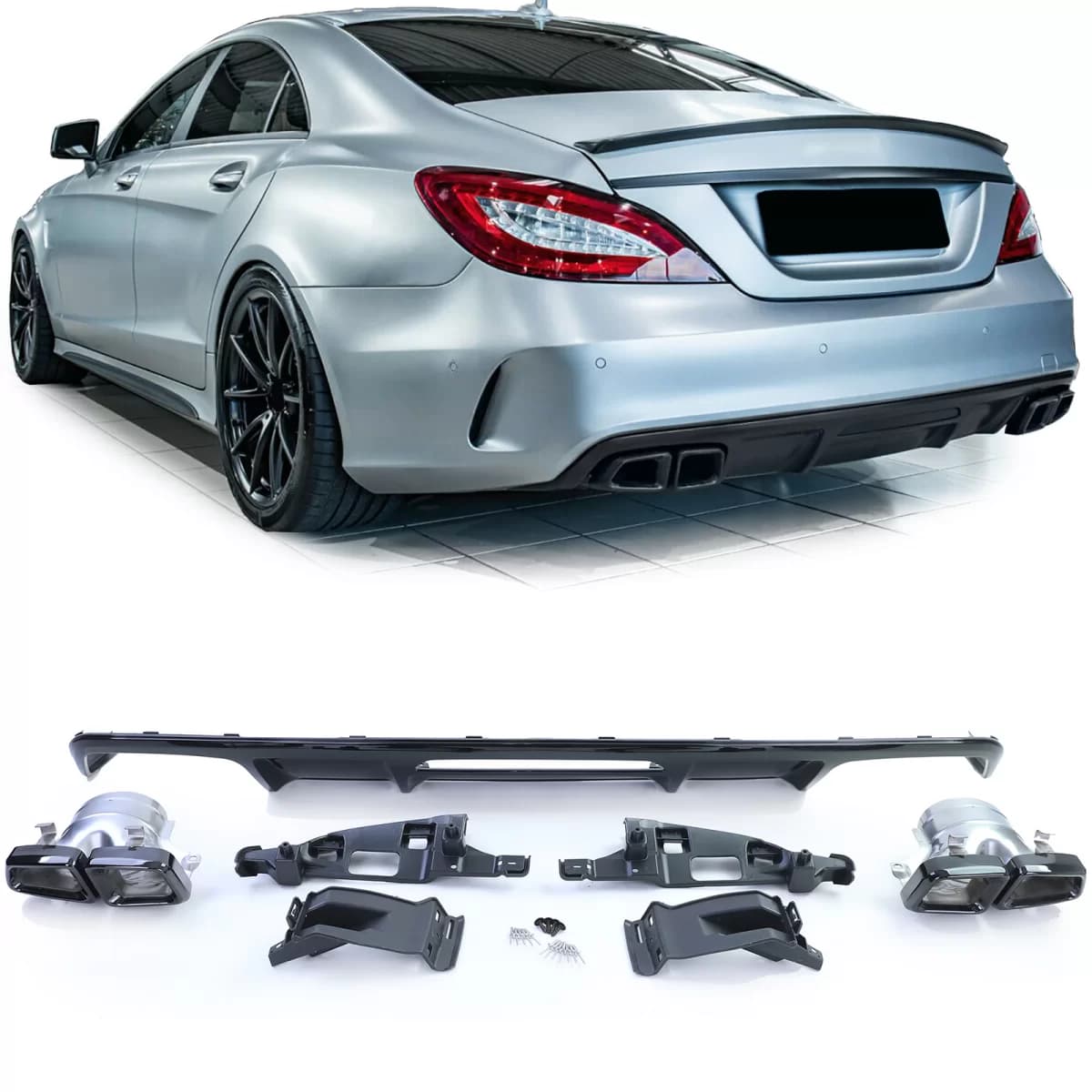 Sport rear diffuser with black tailpipes for Mercedes CLS C218 Facelift 14-18
