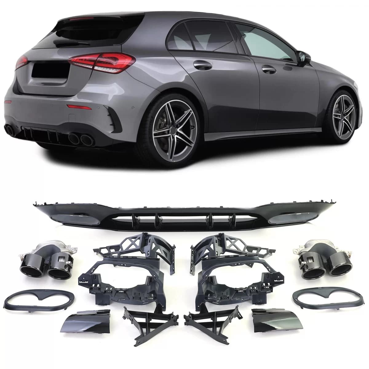 Sport rear diffuser set with black tailpipes for Mercedes A-Class W177 from 18