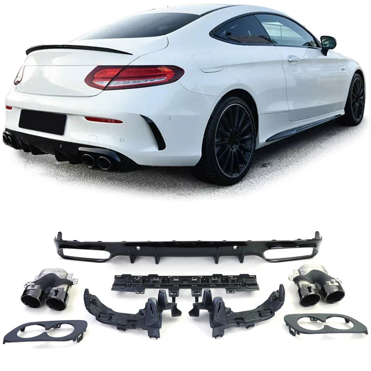 Sport rear diffuser set with round tailpipes black for Mercedes C205 Coupe from 18