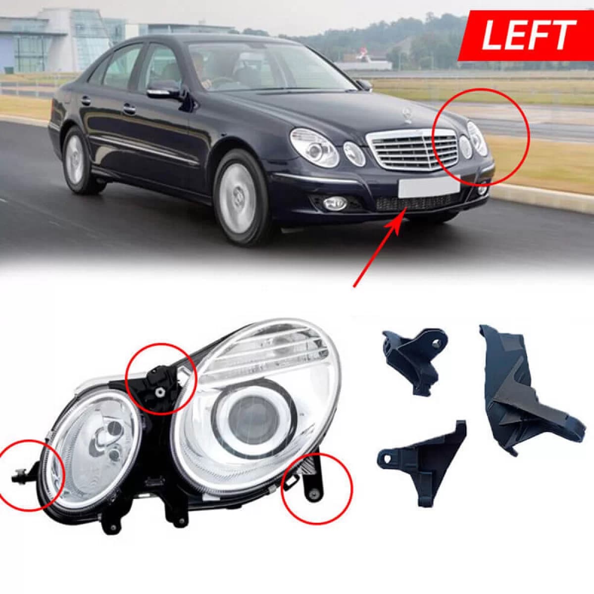 Headlight Tap Repair Left Kit suitable for Mercedes-Benz E-Class W211 02-09 3 Pieces