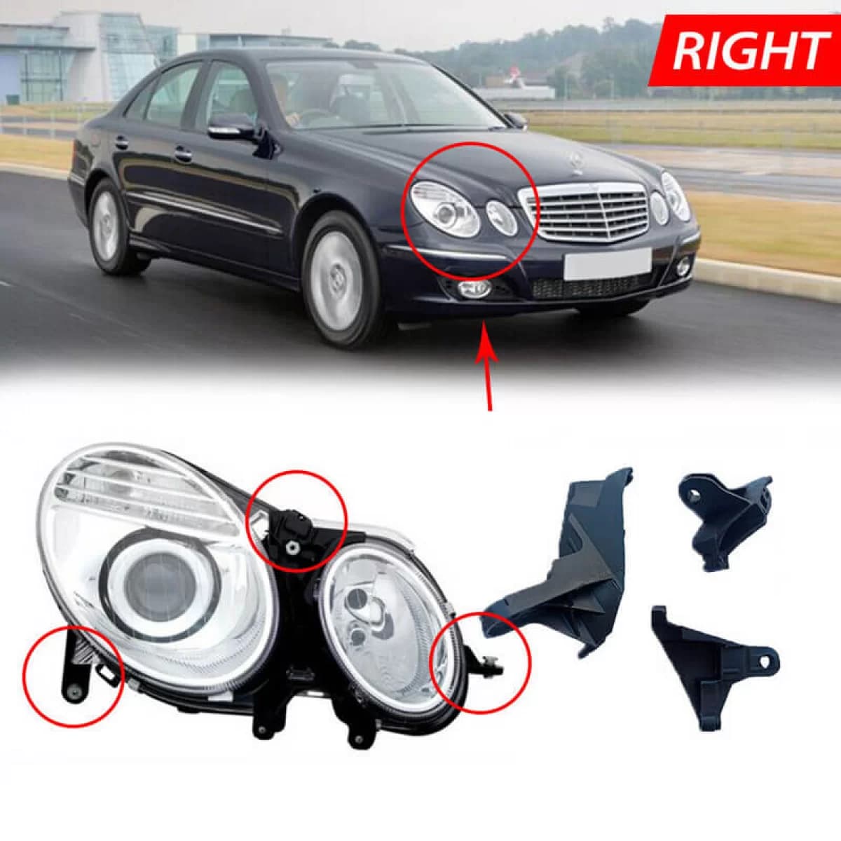 Headlight Tap Repair Right Kit suitable for Mercedes-Benz E-Class W211 02-09 3 Pieces