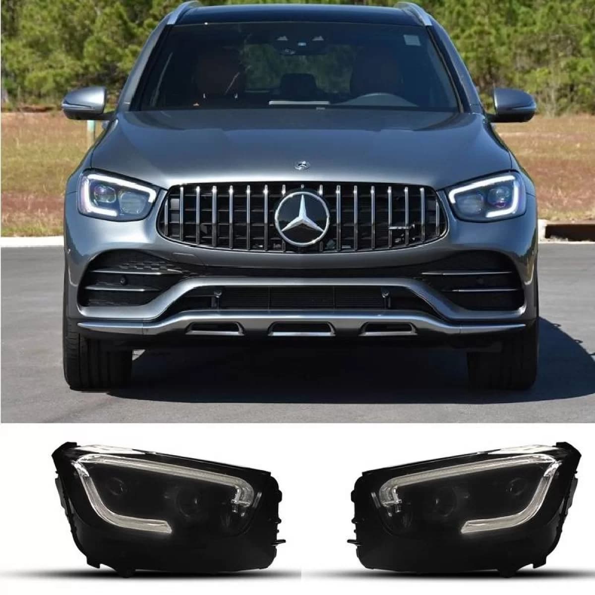 Front Headlight Set Suitable for Mercedes-Benz GLC C253/X253 Upgrade to Facelift Look 2020-2021 Black Full LED DRL with Carner Motor