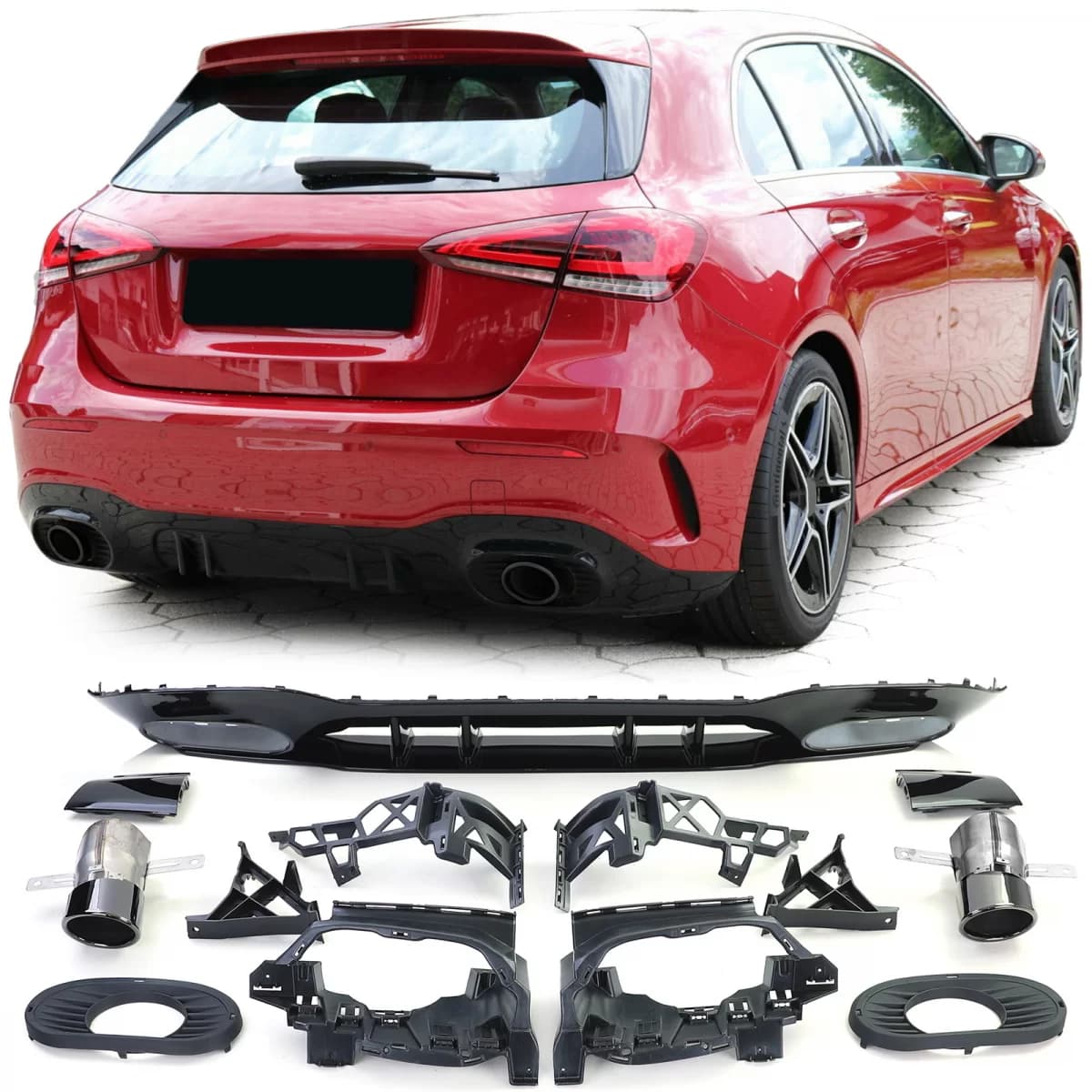Rear diffuser Sport Type 2 with black tailpipes for Mercedes A-Class W177 from 18